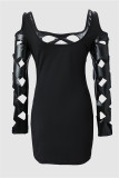 Black Sexy Solid Hollowed Out Patchwork O Neck Long Sleeve Dresses