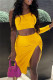 Yellow Sexy Solid Patchwork Backless Slit Oblique Collar Long Sleeve Two Pieces