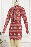 Deep Blue Casual Print Patchwork Zipper Collar Long Sleeve Dresses