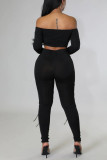 Red Sexy Solid Bandage Hollowed Out Patchwork Off the Shoulder Long Sleeve Two Pieces