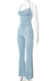 Blue Sexy Solid Patchwork Halter Sleeveless Two Pieces