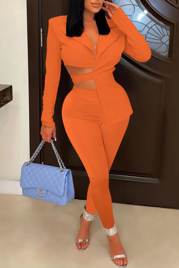 Tangerine Red Sexy Solid Bandage Hollowed Out Patchwork Asymmetrical Turn-back Collar Long Sleeve Two Pieces