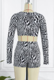 Black Sexy Striped Print Bandage Patchwork V Neck Long Sleeve Two Pieces