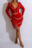 Red Sexy Patchwork Hot Drill V Neck Long Sleeve Two Pieces