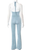 Blue Sexy Solid Patchwork Halter Sleeveless Two Pieces