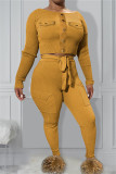 Earth Yellow Casual Solid Patchwork O Neck Long Sleeve Two Pieces