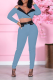 Blue Sexy Solid Patchwork Halter Nine Points Sleeve Two Pieces