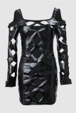 Black Sexy Solid Hollowed Out Patchwork O Neck Long Sleeve Dresses