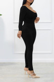 Red Sexy Solid Patchwork Oblique Collar Long Sleeve Two Pieces