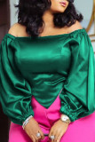 Green Elegant Solid Patchwork Asymmetrical Off the Shoulder Tops