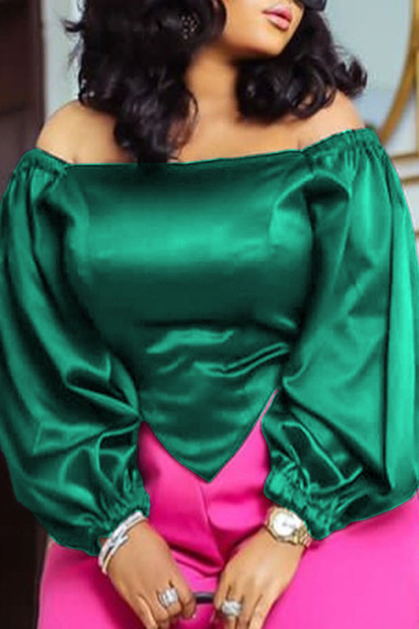 Green Elegant Solid Patchwork Asymmetrical Off the Shoulder Tops