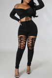 Red Sexy Solid Bandage Hollowed Out Patchwork Off the Shoulder Long Sleeve Two Pieces