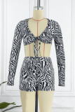 Black Sexy Striped Print Bandage Patchwork V Neck Long Sleeve Two Pieces