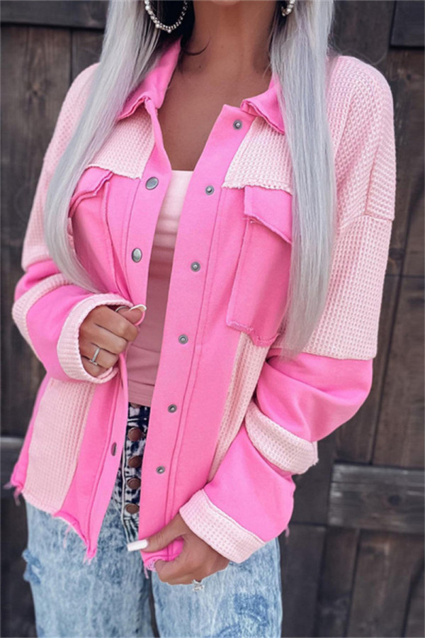 Pink Casual Patchwork Cardigan Contrast Turndown Collar Outerwear