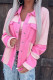 Pink Casual Patchwork Cardigan Contrast Turndown Collar Outerwear