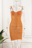 Orange Sexy Patchwork Hot Drilling Backless Spaghetti Strap Sleeveless Dress Dresses