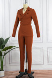 Deep Red Sexy Solid Bandage Hollowed Out Patchwork Asymmetrical Turn-back Collar Long Sleeve Two Pieces