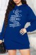 Blue Casual Print Letter Hooded Collar Tops