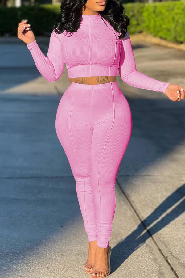 Pink Casual Solid Patchwork Half A Turtleneck Long Sleeve Two Pieces
