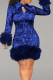 Blue Party Print Feathers Turndown Collar Pencil Skirt Dresses