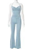 Blue Sexy Solid Patchwork Halter Sleeveless Two Pieces