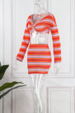 Red Sexy Striped Print Patchwork V Neck Long Sleeve Two Pieces