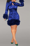 Blue Party Print Feathers Turndown Collar Pencil Skirt Dresses