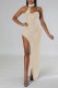 Apricot Sexy Solid Patchwork Slit Asymmetrical Halter Mesh Dress Dresses
