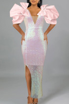 Pink Celebrities Elegant Solid Patchwork With Bow V Neck Evening Dress Dresses