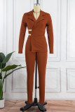 Deep Red Sexy Solid Bandage Hollowed Out Patchwork Asymmetrical Turn-back Collar Long Sleeve Two Pieces