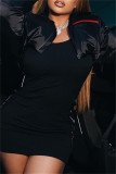 Black Casual Solid Patchwork Zipper Collar Outerwear