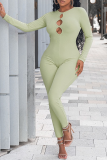 Apricot Sexy Solid Hollowed Out O Neck Skinny Jumpsuits