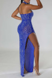 Red Sexy Solid Patchwork Slit Asymmetrical Halter Mesh Dress Dresses