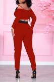 Red Sexy Solid Patchwork Halter Nine Points Sleeve Two Pieces