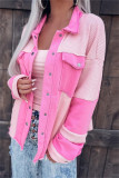 Pink Casual Patchwork Cardigan Contrast Turndown Collar Outerwear