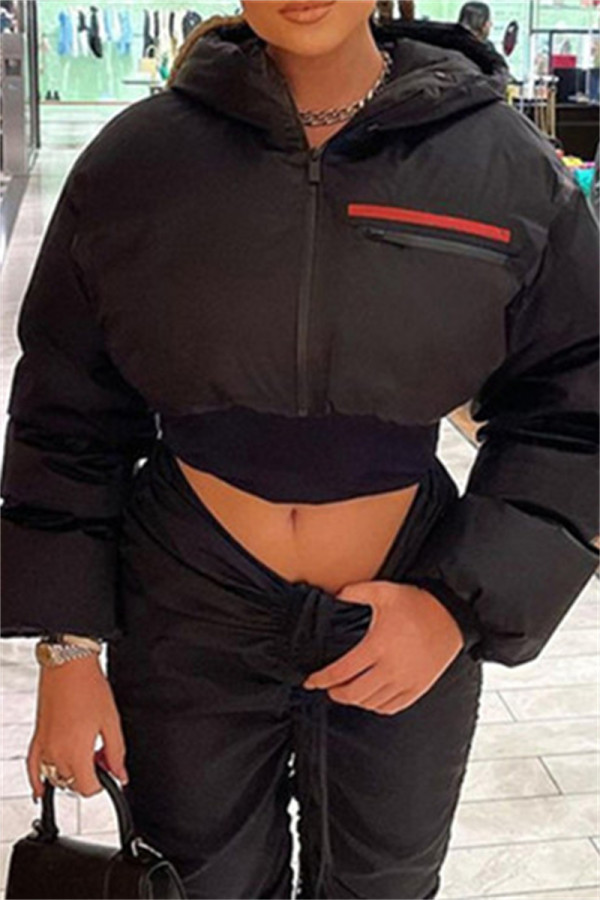 Black Casual Solid Patchwork Zipper Collar Outerwear
