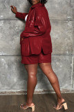 Burgundy Casual Solid Patchwork Buckle Turndown Collar Long Sleeve Two Pieces