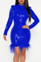 Blue Sexy Solid Sequins Patchwork Feathers O Neck Pencil Skirt Dresses