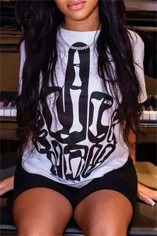 White Casual Print Basic O Neck T-Shirts
