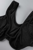 Black Casual Solid Basic Turndown Collar Long Sleeve Three-piece Set