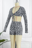 Black Sexy Striped Print Bandage Patchwork V Neck Long Sleeve Two Pieces
