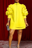 Yellow Elegant Solid Patchwork Fold Zipper Cardigan Collar A Line Dresses