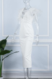 White Elegant Solid Patchwork V Neck One Step Skirt Dresses