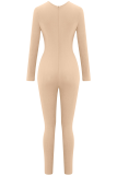 Apricot Sexy Solid Hollowed Out O Neck Skinny Jumpsuits