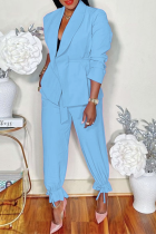 Sky Blue Casual Solid Patchwork Turndown Collar Long Sleeve Two Pieces