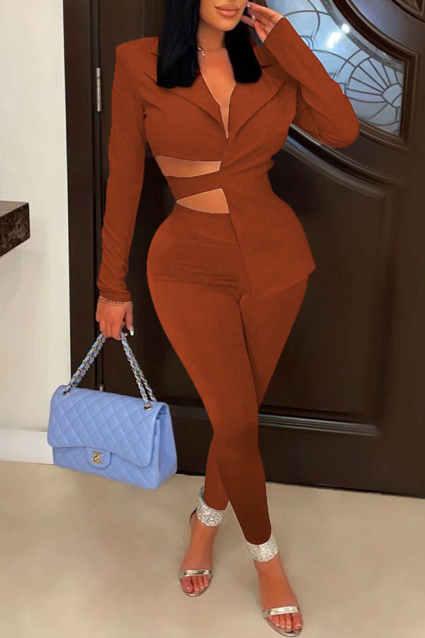 Deep Red Sexy Solid Bandage Hollowed Out Patchwork Asymmetrical Turn-back Collar Long Sleeve Two Pieces