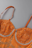 Orange Sexy Patchwork Hot Drilling Backless Spaghetti Strap Sleeveless Dress Dresses