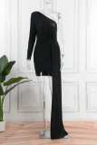 Black Sexy Patchwork Sequins One Shoulder Irregular Dress Dresses