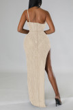 Red Sexy Solid Patchwork Slit Asymmetrical Halter Mesh Dress Dresses