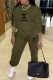 Army Green Casual Print Letter O Neck Long Sleeve Two Pieces